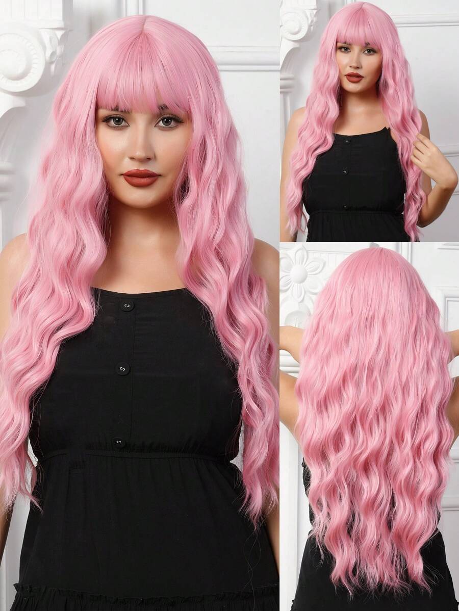 Synthetic Heat Resistant Wigs Long Wavy Curly  Wigs With Bangs Pink Wigs 32 Inch Full Machine Made Young Stylish Wigs Good Quality Synthetic Wigs Daily Party Use - Pink - View 1