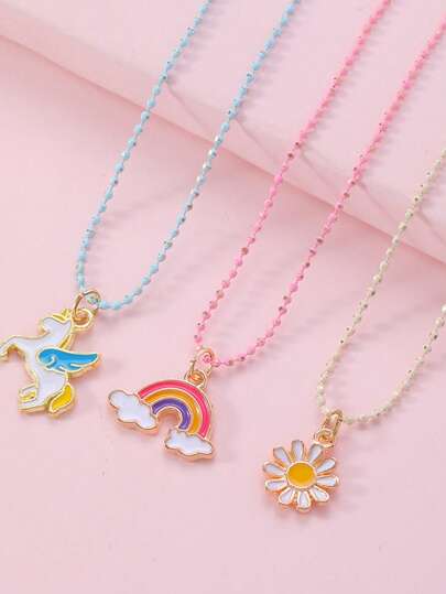 3pcs/set Cute Rainbow Daisy & Unicorn Pendant Beaded Necklaces Suitable For Little Girls' Daily Wear