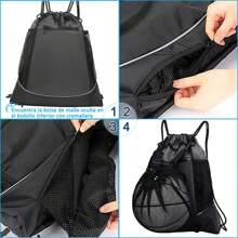 ANTSAY Mochila de baloncesto con cordón, Bolsa de viaje de doble hombro, Bolsa de gimnasio de malla de gran capacidad, impermeable y plegable con compartimento para balón, para camping, deporte - Gris - Ver 5