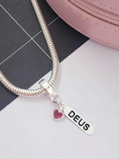 Berloque Plaquinha Deus com Coração Pink Banhado a Prata