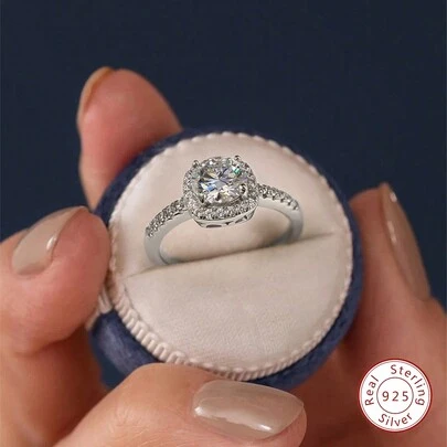 ESBERRY 1枚S925纯银经典方形莫桑石订婚戒指，永恒戒指，周年纪念戒指，奢华珠宝礼品，新娘珠宝，钻石戒指