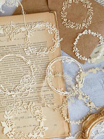 10pcs/Pack Vintage Aesthetic Flower Hollow Plant Wreath Frame Material Paper Junk Journal Planner Scrapbooking Vintage Lace Decorative DIY Craft Paper,School Supplies,Back To School