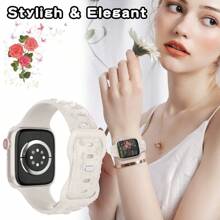 Unbeinst 1 件硅胶嵌入式玫瑰花卉设计表带，女式运动防水表带，兼容 Apple Watch Series 10/9/8/7/6/5/4/3/2/1/Ultra 2/Ultra/SE - 白色 - 查看 2