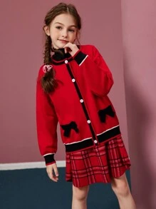 2 件/套女童羊毛衫和格子裙, - 紅色 - 查看 5