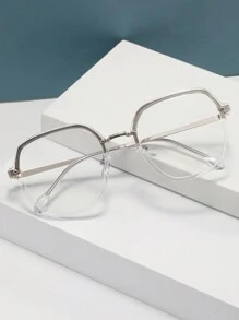 1 件女式時尚多邊形透明鏡片眼鏡,搭配白色和銀色鏡框,tr90 和不銹鋼材質,適合日常使用,可用作光學鏡架 - 銀色 - 查看 1