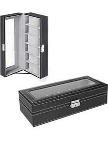 6 Slot Watch Box PU Leather Lockable Display Watch Storage Boxes With Glass Top, Adjustable Jewelry Organizer Bracelet Watches Holder, Travel Case For Men Women, Birthday  Gift - Black - View 5