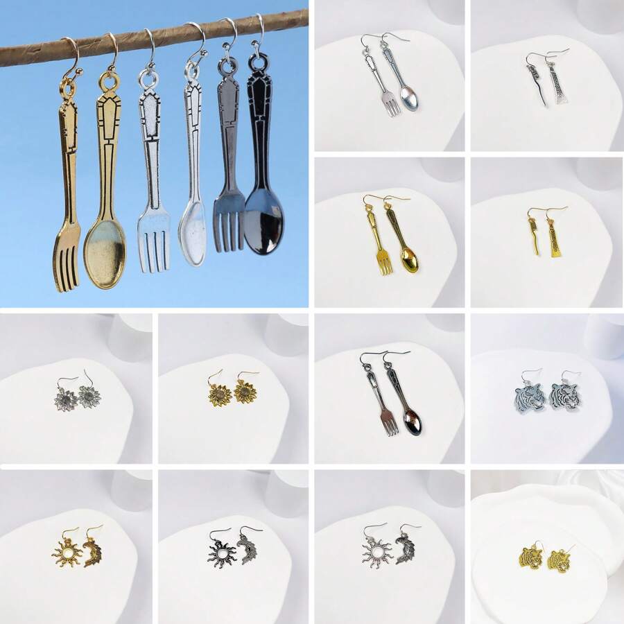 1对复古个性化垂坠耳环,3D-勺子/叉子/牙齿/牙膏/牙刷/太阳/月亮/翅膀/吊坠耳环,闺蜜/情侣礼物套装,送给妈妈/老师的特别礼物。 - 槍黑色 - 查看 1