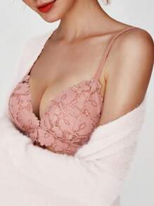 Floral Lace Push Up Bra - Dusty Pink - View 3