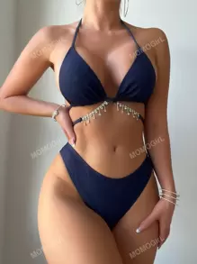 Bling Rhinestone Triangle Cup Halter Bikini Set Summer
