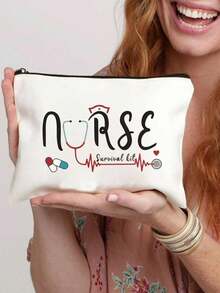 1套護士禮物/最佳朋友禮物,高品質亞麻製化妝包和不銹鋼鑰匙扣,可愛的旅行包女士生日禮物 - 護士生存套裝化妝包 - 輕巧多功能組織器 - 絕佳女士必需品!化妝品收納袋,化妝包,洗漱袋,理想的伴娘禮物 - 白色 - 查看 3