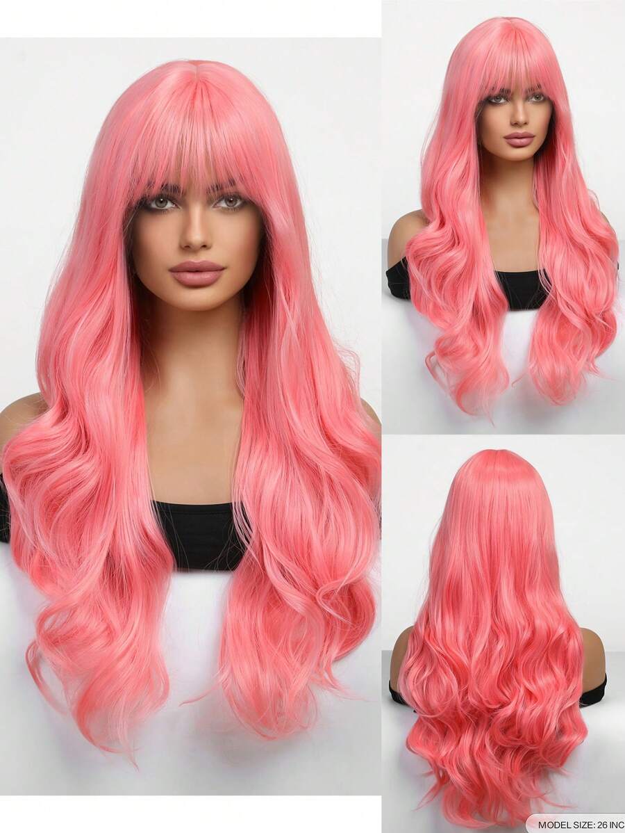 1 粉紅色 26 吋長捲髮合成假髮有瀏海女粉紅頭髮日常 Cosplay 派對假髮 - 粉色 - 查看 1