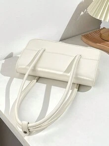 韓國新款光滑 Pu 皮革方形蓋設計,百種紋理可選,購物、通勤、防盜磁扣臂包、單肩包、手提包、方型包、女包 - 白色 - 查看 5