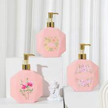 1pc 300ml Pink Flower Patterned Household Shampoo And Shower Gel Dispenser Bottle - Pink - View 2