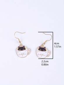 Cute Teacup Cat Earrings Lovely Kitten Drop Earrings - Black and White - View 3