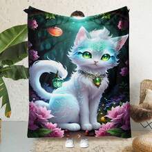 1張卡通貓圖案法蘭絨毛毯,四季全時軟暖舒適的沙發、空調、床罩 - 彩色 - 查看 1