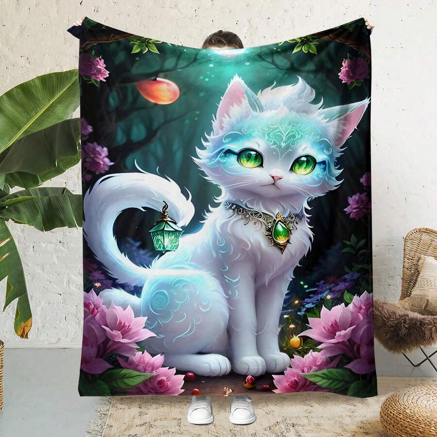 1張卡通貓圖案法蘭絨毛毯,四季全時軟暖舒適的沙發、空調、床罩 - 彩色 - 查看 1