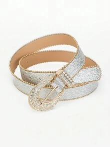 1包女性萬用鑽石釦皮帶,時尚邊緣珠鏈朋克風皮帶,裝飾牛仔褲皮帶,熱壓銀色 - 銀色 - 查看 8