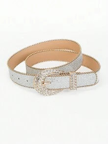 1包女性萬用鑽石釦皮帶,時尚邊緣珠鏈朋克風皮帶,裝飾牛仔褲皮帶,熱壓銀色 - 銀色 - 查看 4