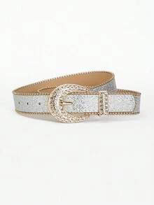 1包女性萬用鑽石釦皮帶,時尚邊緣珠鏈朋克風皮帶,裝飾牛仔褲皮帶,熱壓銀色 - 銀色 - 查看 3