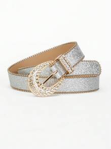 1包女性萬用鑽石釦皮帶,時尚邊緣珠鏈朋克風皮帶,裝飾牛仔褲皮帶,熱壓銀色 - 銀色 - 查看 1