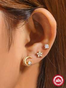 3入組925銀ins立體立方體星月耳針套裝,18k鍍金多入組潮流女士耳環,適用於多重穿洞,婚禮派對訂婚聖誕禮物 - 銀色 - 查看 1