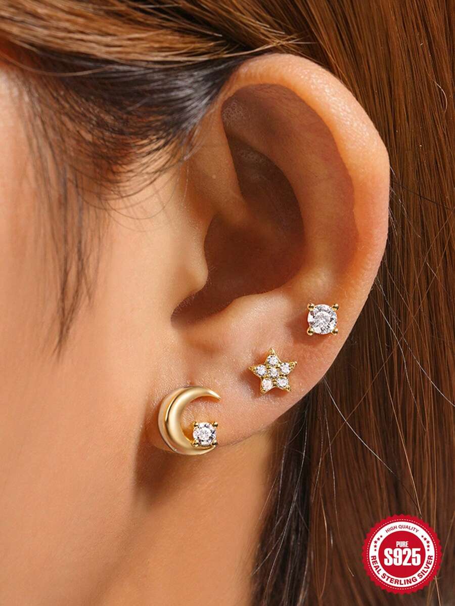3入組925銀ins立體立方體星月耳針套裝,18k鍍金多入組潮流女士耳環,適用於多重穿洞,婚禮派對訂婚聖誕禮物 - 銀色 - 查看 1