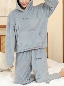2件簡約女秋冬加厚珊瑚絨連帽口袋字母刺繡長袖長褲家居服套裝 - 藍色 - 查看 2