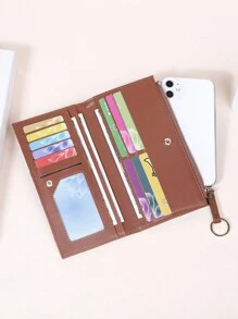 長式女性青年時尚扣子甜美可愛錢包,精緻拉鍊錢包學生多功能錢包卡夾學生禮物 - 棕色 - 查看 5