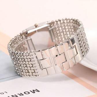 Korean Style Fashion Diamond Studded Women's Bracelet Watch, High-End Quality Women's Stainless Steel Wrist Watch With Bangle Bracelet