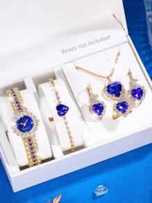 6 pièces/set Montre femme mode verte entièrement ornée de strass, comprenant une montre à quartz, un collier, des boucles d'oreilles, un bracelet et une bague. Accessoires convenant à un port quotidien, à la rentrée scolaire, à la période de remise des diplômes, à Thanksgiving, aux couples. Meilleur cadeau.