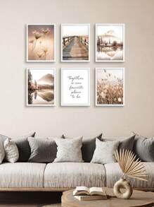 6 Piezas Pinturas De Pared Beige, Arte De Pared De Paisaje, Imágenes De Impresión Botánica, Posters De Lienzo De Hierba Seca Para Decoración De La Pared De La Sala De Estar, Sin Marco