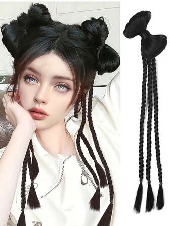 20英寸合成長辮馬尾,帶有蝴蝶結辮,髮髻尾部配橡皮筋和三股辮