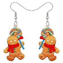 壓克力垂墜糖果聖誕薑餅人耳環飾品首飾裝飾禮物,適用於女士女孩兒童派對裝飾 - 卡其色 - 查看 1