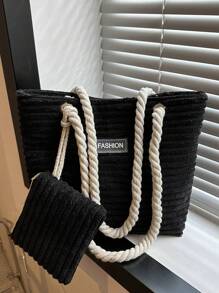 灰色灰絨布大容量單肩通勤包，日式簡約款女士手提斜揹包，清新托特包，仙女少女手提/肩背包 - 黑色 - 查看 1