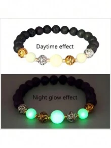 50入組新款熔岩石瑜伽珠手鍊,具夜光效果,流行彈性手帶 - 綠色 - 查看 4