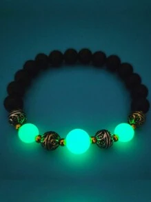 50入組新款熔岩石瑜伽珠手鍊,具夜光效果,流行彈性手帶 - 綠色 - 查看 1