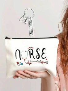 1套護士禮物/最佳朋友禮物,高品質亞麻製化妝包和不銹鋼鑰匙扣,可愛的旅行包女士生日禮物 - 護士生存套裝化妝包 - 輕巧多功能組織器 - 絕佳女士必需品!化妝品收納袋,化妝包,洗漱袋,理想的伴娘禮物 - 白色 - 查看 2