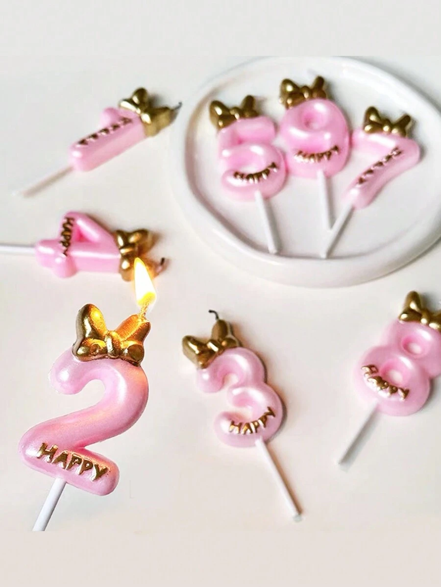 1pc Pink Bow Tie 0-9 Number Birthday Party Pet Decoration Candle,Christmas
