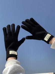 1pair Men'S Knitted Gloves, Touchscreen, Thickened, For Biking, Winter Warm, Windproof, Solid Warm, For Autumn And Winter - Black - View 1