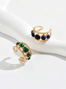 2pcs/Set Fashionable Peacock Stone Elegant Open Ring Set, Western Style - Gold - View 4