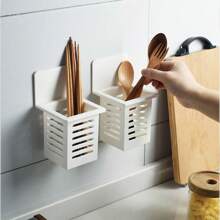 1組多功能家用筷子筒收納架廚房免打孔壁掛籃貼掛架 - 白色 - 查看 2