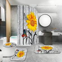 Poedist Bathroom Set, 4 Piece Sunflower Butterfly Shower Curtain Set With Rugs, Include Premium Shower Curtain, Soft Bathroom Non-Slip Floor Mat, U-Shaped Bath Rug And Toilet Cover Lid With 12 Hooks