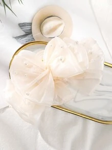 1 件珍珠、珠子、超大缎面蝴蝶结发夹优雅、发饰、发爪、爪夹、发夹、发夹秋冬度假装女士 - 米色 - 查看 2