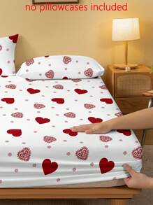 1pc Heart Pattern Fitted Sheet, Modern Fabric Fitted Bottom Sheet For Bedroom - Red and White - View 3