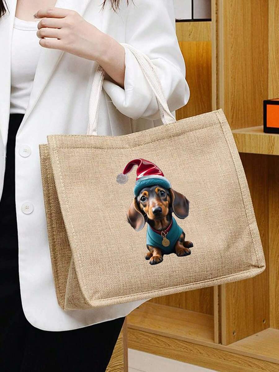 1 件臘腸狗聖誕老人帽子印花香腸狗手提袋,亞麻字母印花亞麻手提袋套裝教師禮物,大號購物袋休閒香腸狗圖案購物沙灘袋旅行袋聖誕包手提包單肩包女士包斜挎包鉤針收納袋化妝包皮夾收納袋午餐袋購物袋 節日必需品 情人節禮物 - 卡其色 - 查看 1