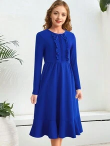 Girls' Pleated Ruffle Hem Dress With Layered Flounce - Blue - View 3