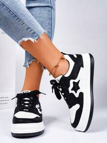 校園風格平底防滑女用交叉綁帶黑白運動休閒鞋 - 黑與白 - 查看 3