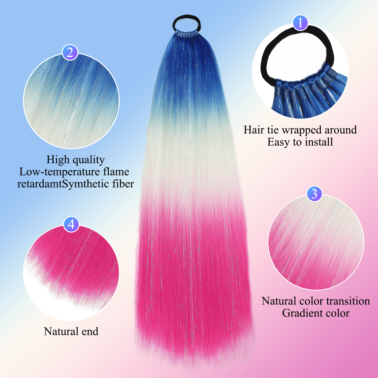 Ombre Hair Extensions Hair Tinsel 24 Inch Jumbo Ponytail Extension For