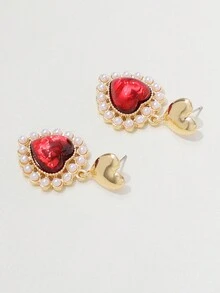 Aretes Colgantes En Forma De Corazón Con Piedras Rojas Brillantes - Rojo - Ver 3