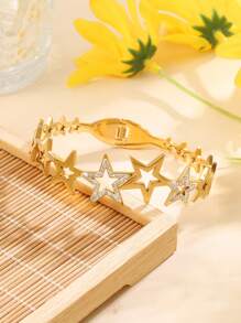 1 Stück Modische Edelstahlgold & Strass Dekor Sternform Offene Armspange Armband Für Frauen, Mädchen Straßenkleidung, Brautjungferngeschenk